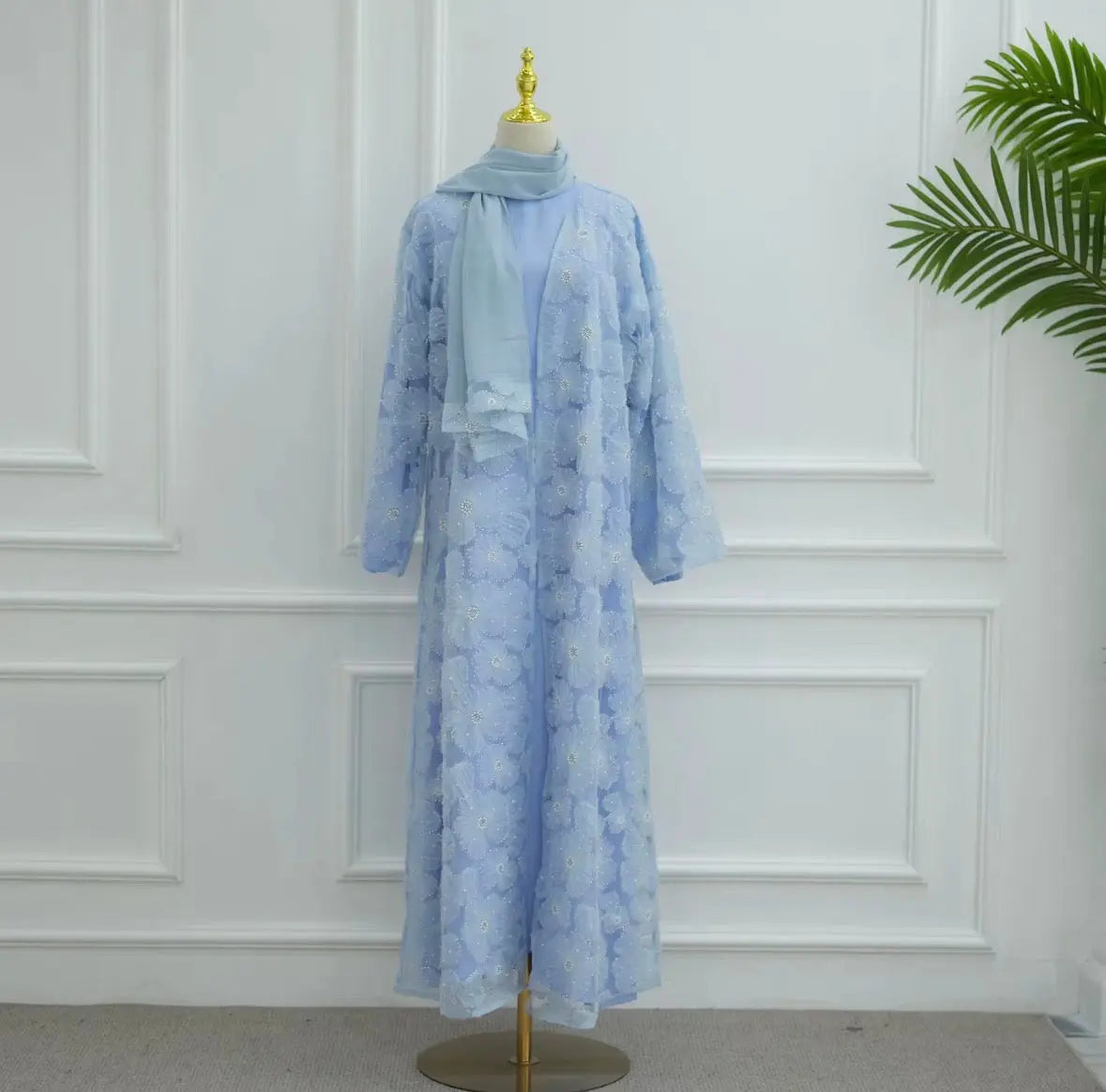 Nouvelle abaya de luxe faite à la main de Dubaï, cardigan en dentelle texturée orné de perles florales pour femmes musulmanes, robes modestes assorties d'un hijab. SMSB 66