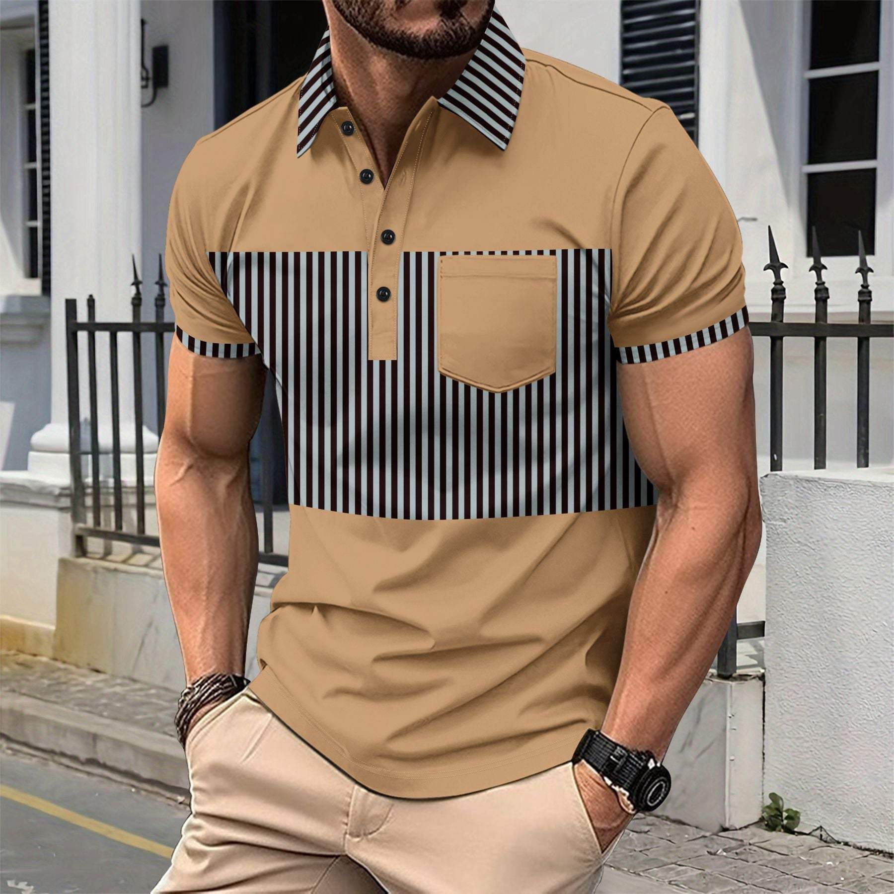 Men's casual placket polo collar striped t-shirt with color matching stitching in khaki cotton blend fabric