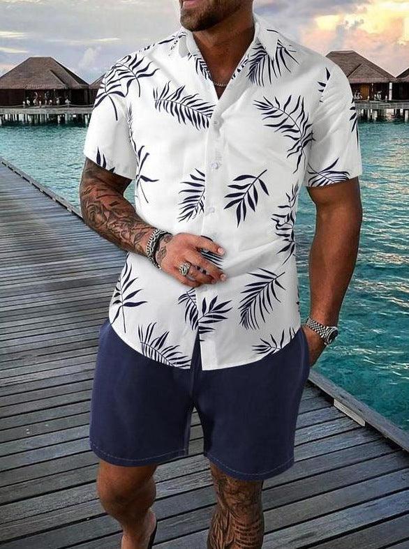 Fashion men's Hawaii short sleeve 3D printed shirt and shorts set on tropical boardwalk