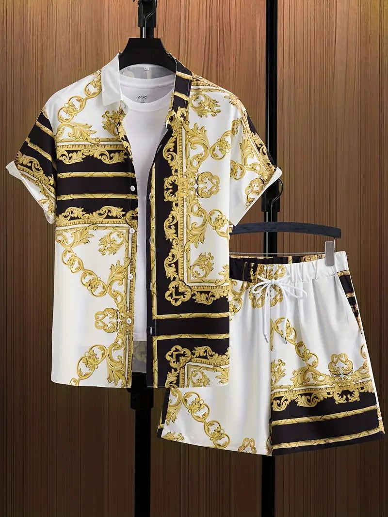 Fashion men's Hawaii 3D printed short sleeve suit with matching shorts in white and gold baroque print