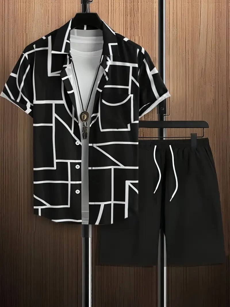 Fashion men's Hawaii 3D printed short sleeve suit with black and white geometric patterns, polyester fabric, leisure style, includes top and shorts.