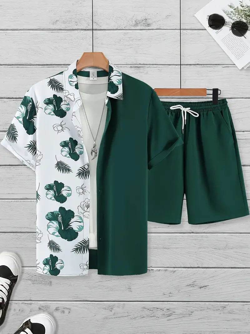 Fashion Men's Hawaii 3D printed short sleeve shirt and shorts set in green and white with tropical print