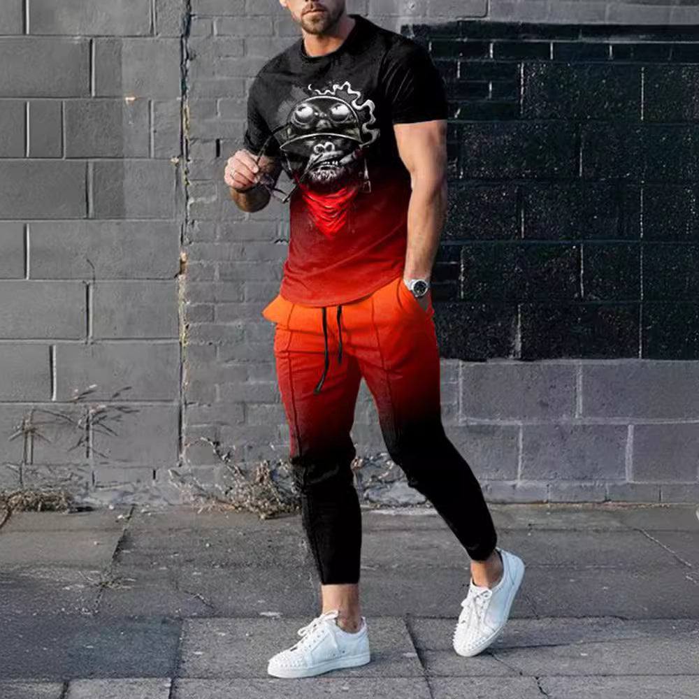Short-sleeved men's cotton-like fashionable printed pullover and trousers set in black and red gradient with white sneakers