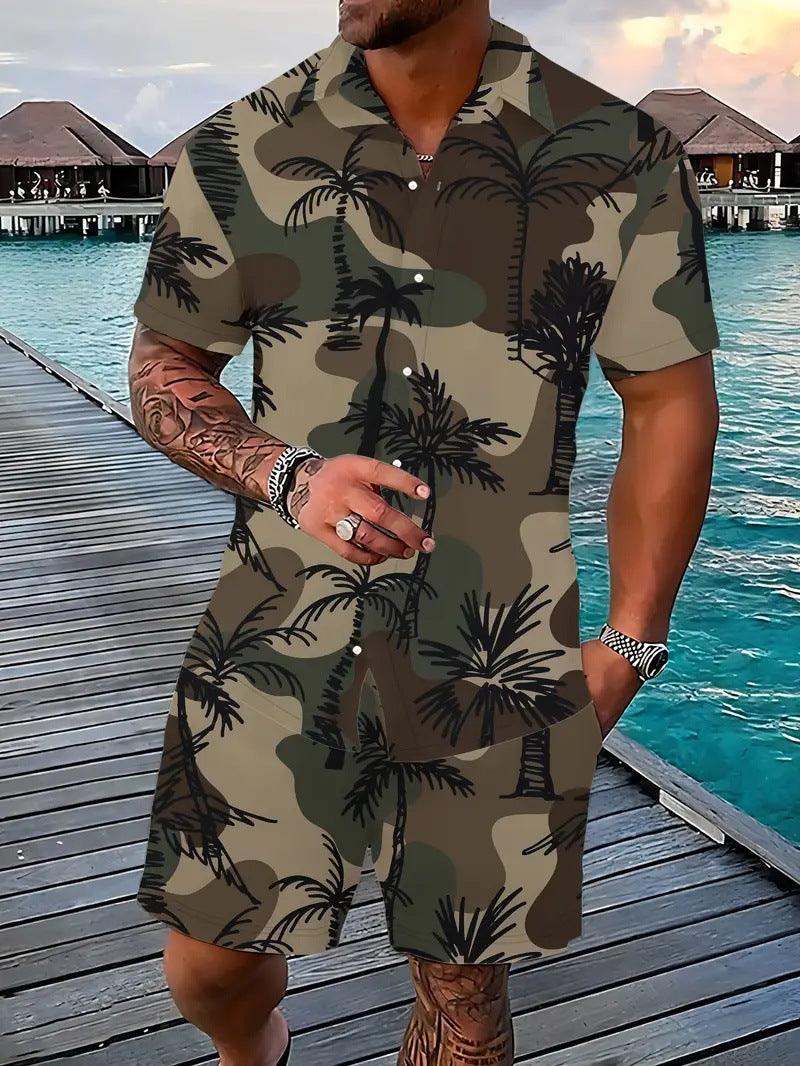 Fashion men's Hawaii 3D printed short sleeve suit with palm tree pattern and shorts