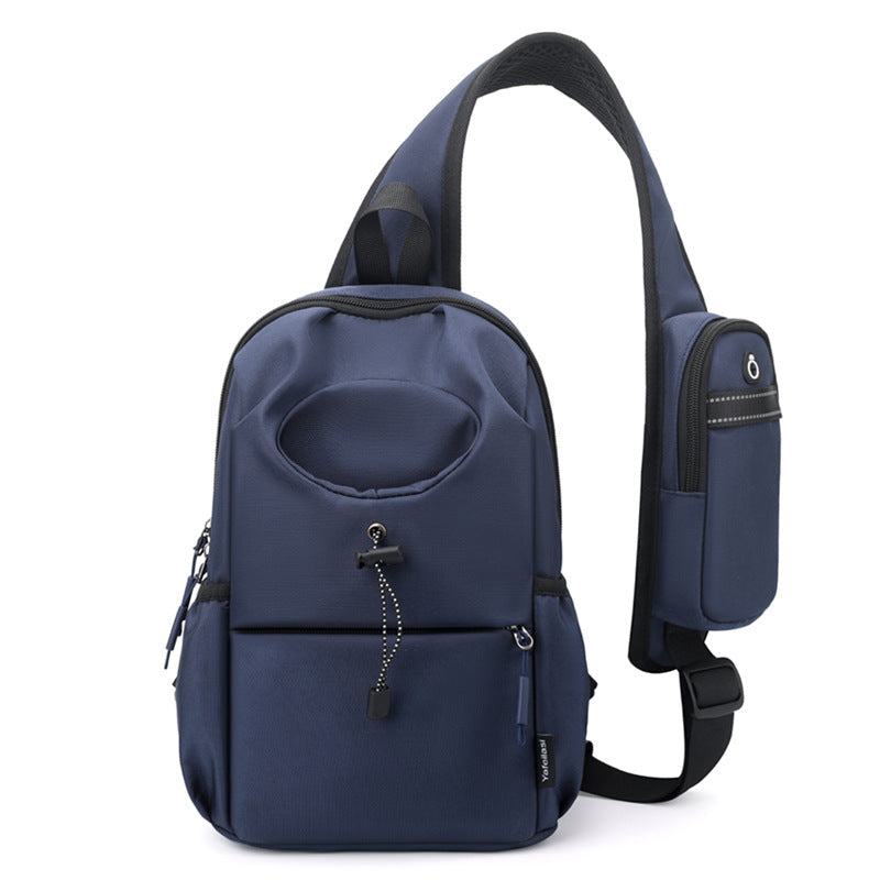 Waterproof Oxford cloth kettle bag in navy blue with adjustable shoulder strap and multiple compartments for leisure travel.