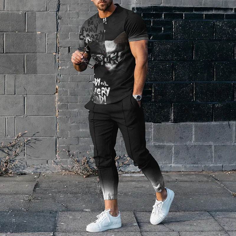 Short-sleeved men's cotton-like printed black pullover with matching gradient trousers and white sneakers