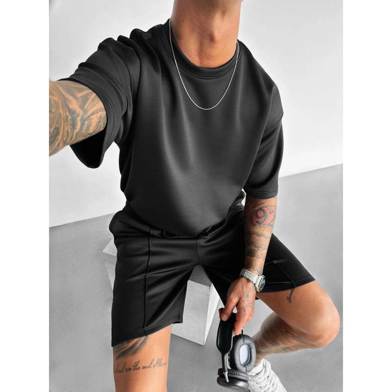 Summer men's short sleeve black polyester fiber shorts suit for sports