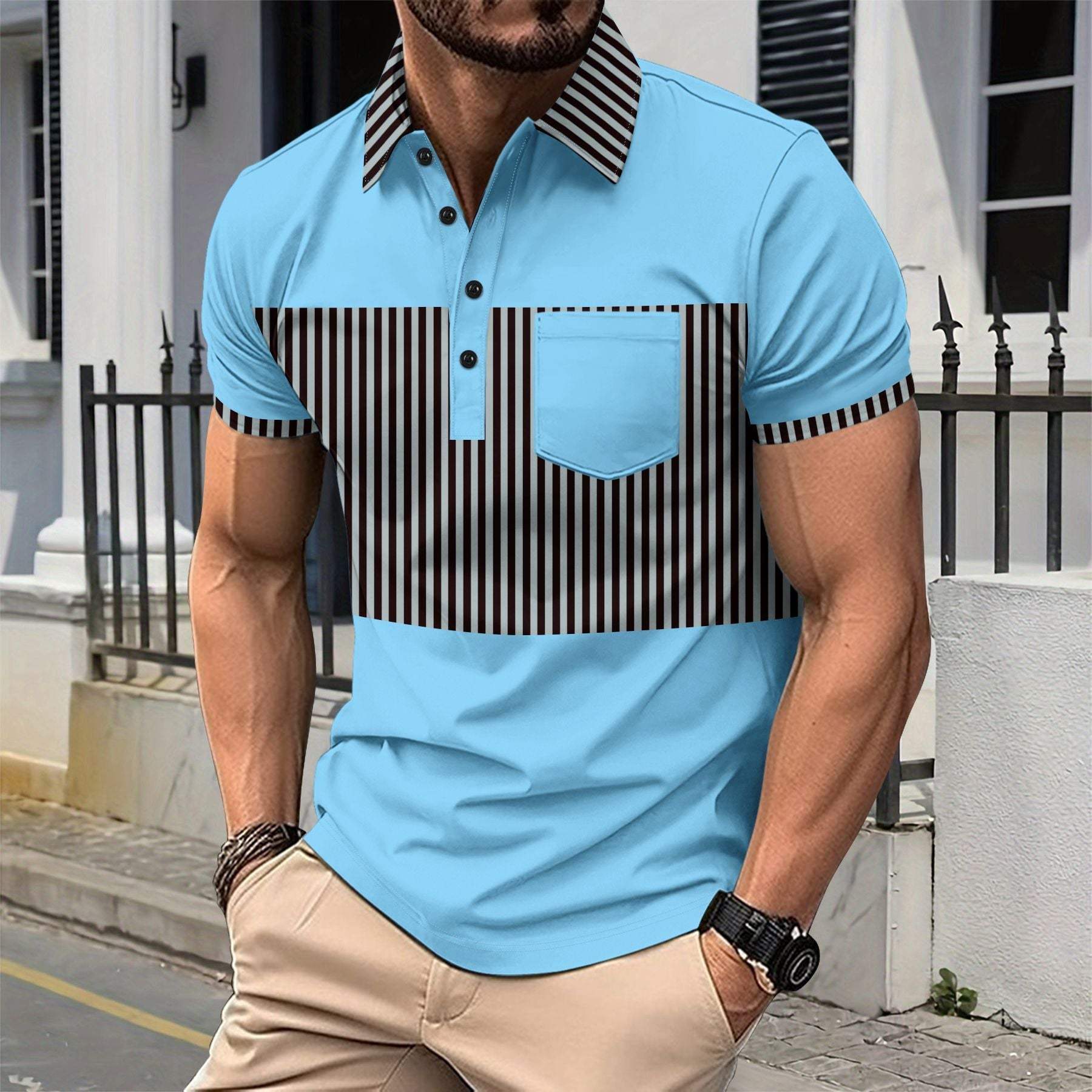 Men's casual placket polo shirt with light blue base and black vertical stripes, short sleeves, and pocket detail, made of cotton blend, summer style.
