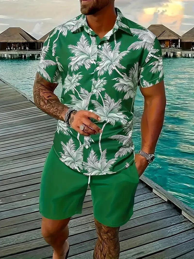 Fashion men's Hawaii 3D printed short sleeve shirt and green shorts set