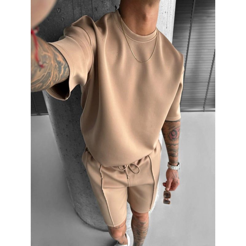 Summer men's short sleeve shorts suit in beige polyester sportswear set