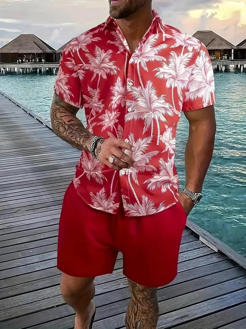 Fashion men's Hawaii short sleeve 3D printed shirt and shorts set in red with white palm tree pattern