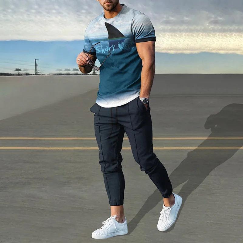 Short-sleeved men's cotton-like fashionable printed pullover with shark design and black trousers set