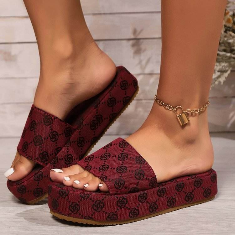 Women's chic embroidered muffin style soft back thick sole platform slippers in wine red canvas material