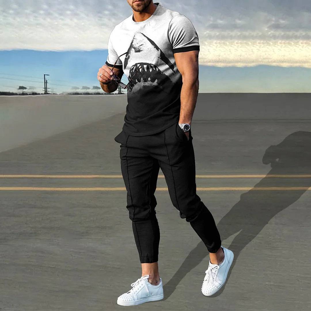 Short-sleeved men's cotton-like fashionable printed pullover with black trousers and white sneakers