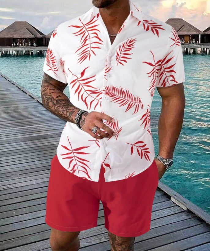 Fashion men's Hawaii 3D printed short sleeve shirt with red leaf pattern and matching red shorts on beach dock background