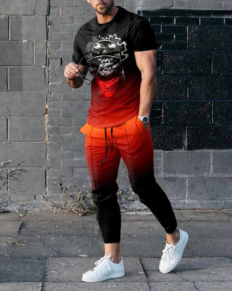 Men's short-sleeved cotton-like printed pullover and pants sports suit in red and black