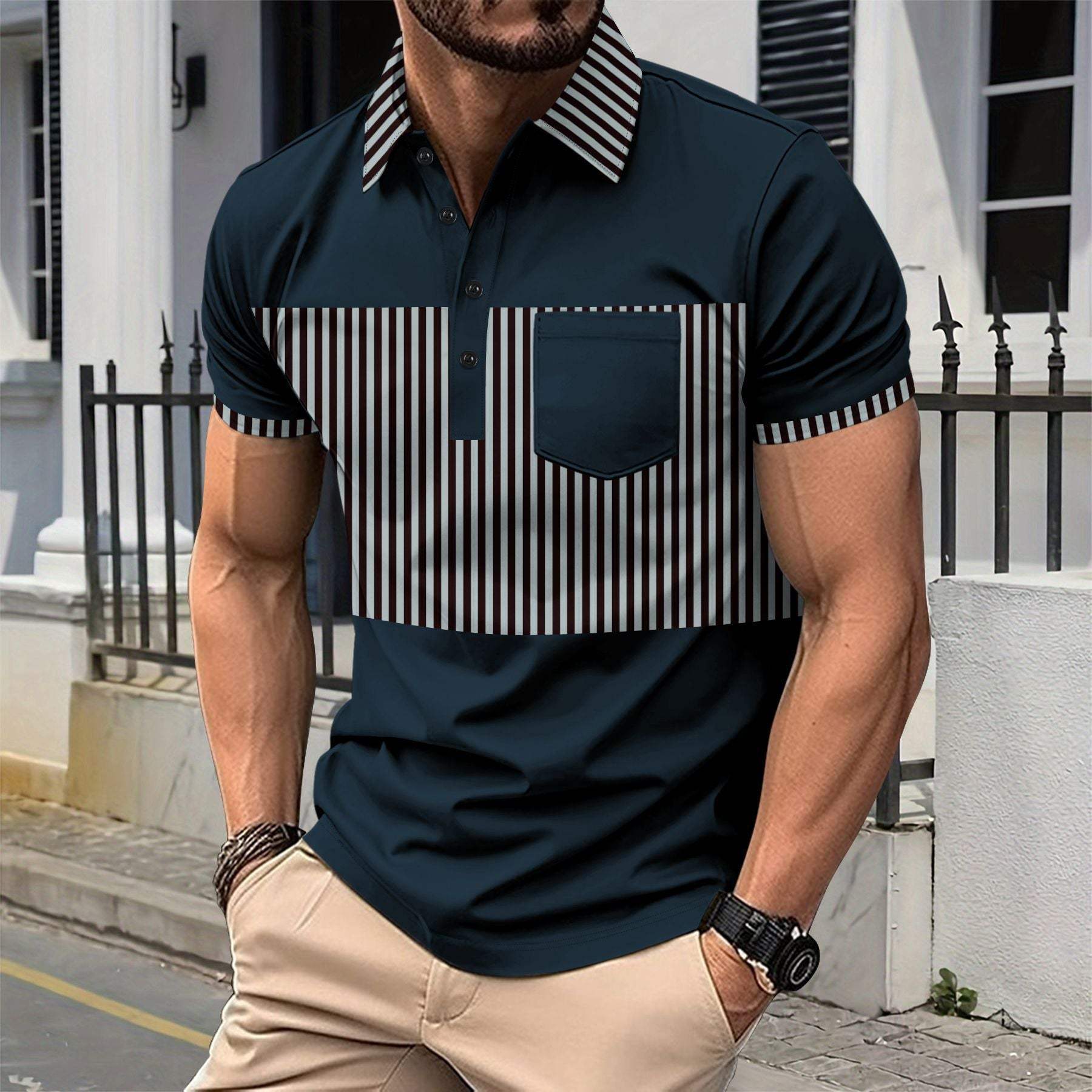 Men's casual placket polo with striped color matching stitching and short sleeves in navy blue