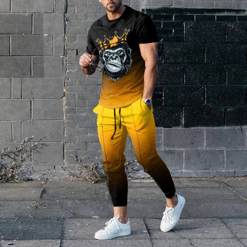 Men's short-sleeved cotton-like printed round neck pullover and matching trousers set in gradient black and yellow colors
