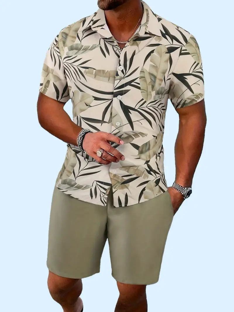 Fashion men's Hawaii short sleeve 3D printed suit with beige leaf pattern and solid shorts