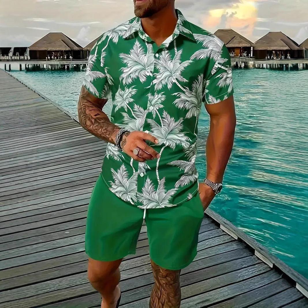Fashion men's Hawaii 3D printed short sleeve shirt and shorts set in green with white palm leaf pattern