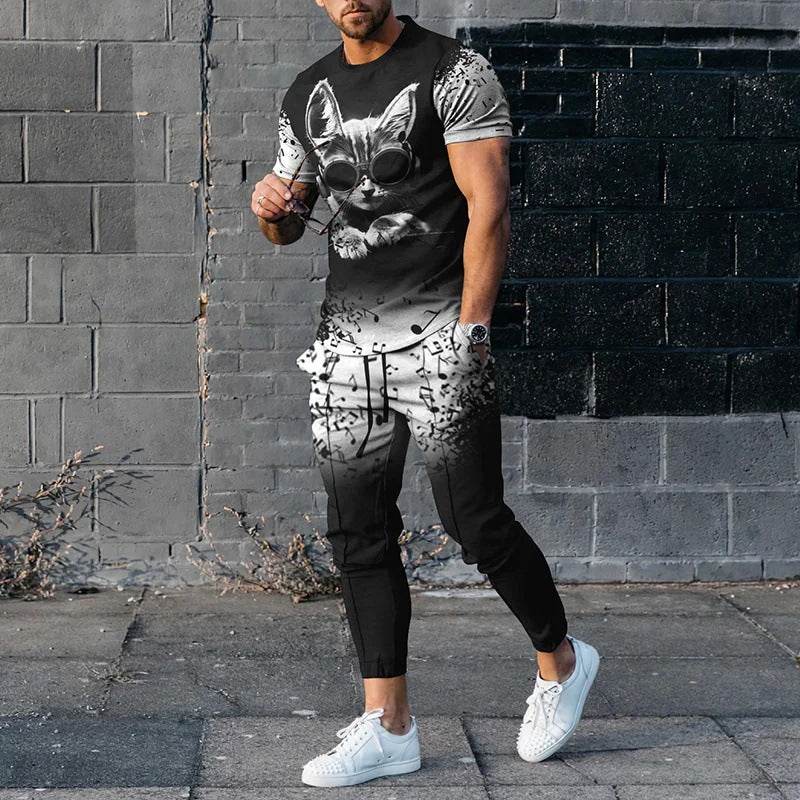 Short-sleeved men's cotton-like fashionable printed pullover suit with cat design and matching trousers