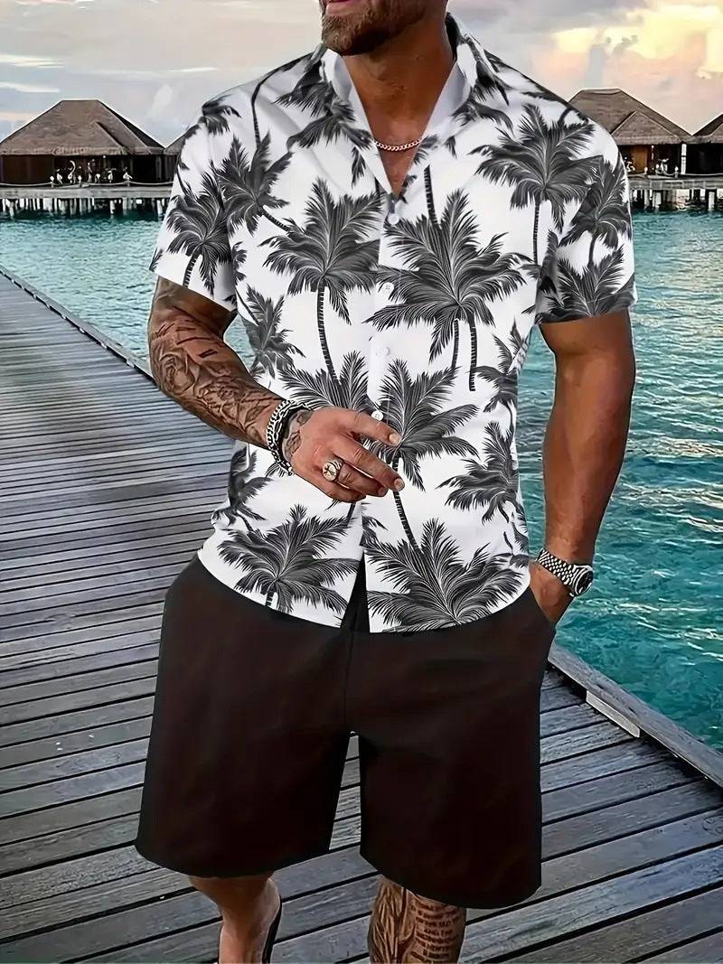 Fashion men's Hawaii 3D printed short sleeve shirt and black shorts set for leisure