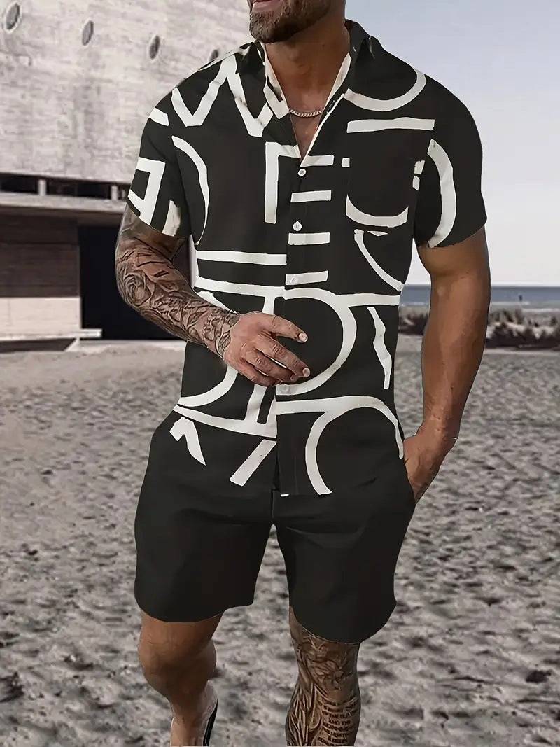 Men's Fashion Hawaii 3D printed short sleeve shirt and shorts set in black and white design