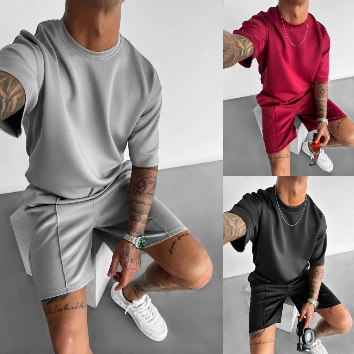 men's summer short sleeve shorts suit in gray, red, and black polyester sportswear