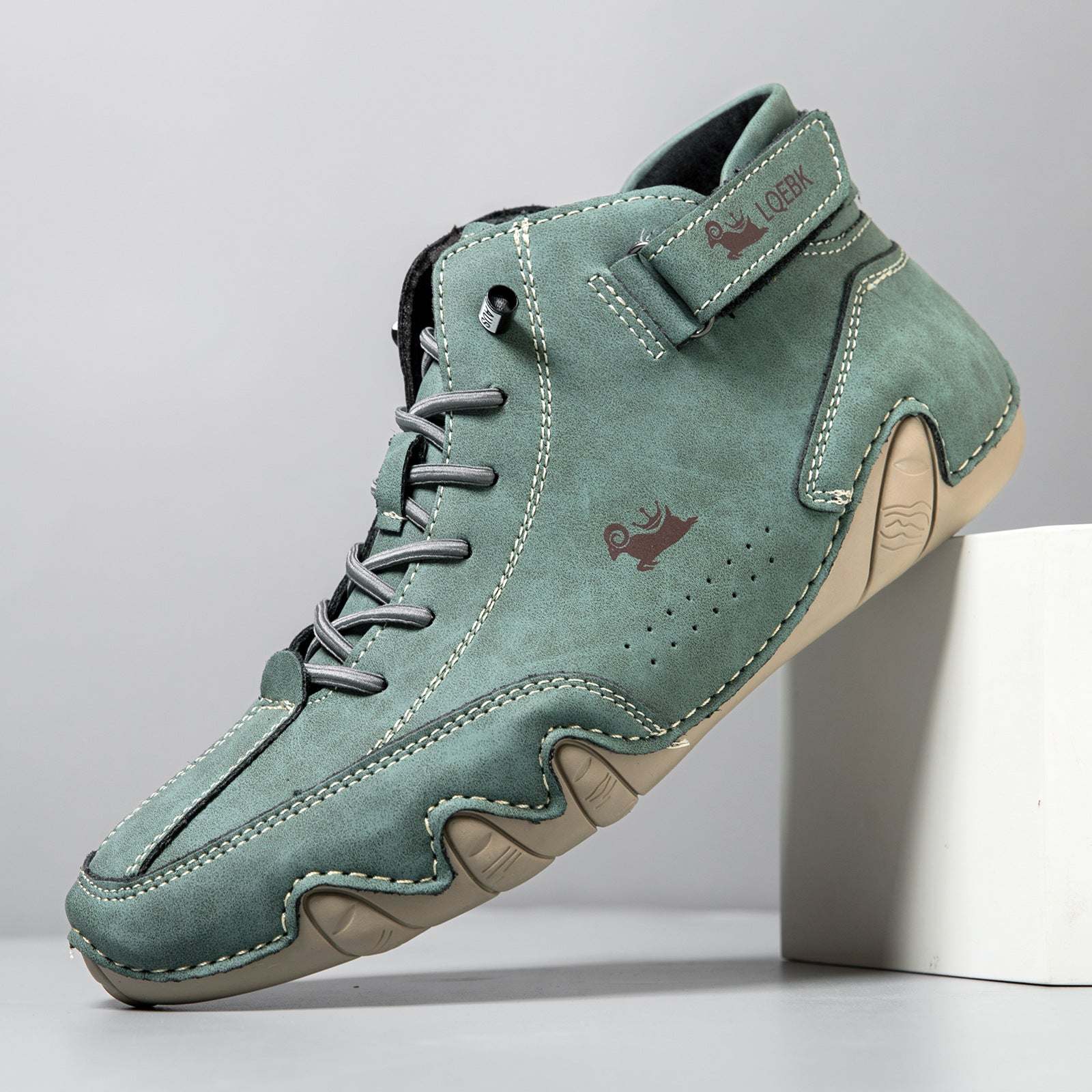 High-top octopus men's casual Martin boot in green microfiber with rubber sole and round toe