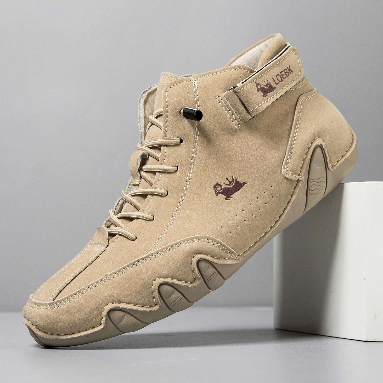 high-top octopus men's casual martin boots in beige microfiber with rubber sole and round toe