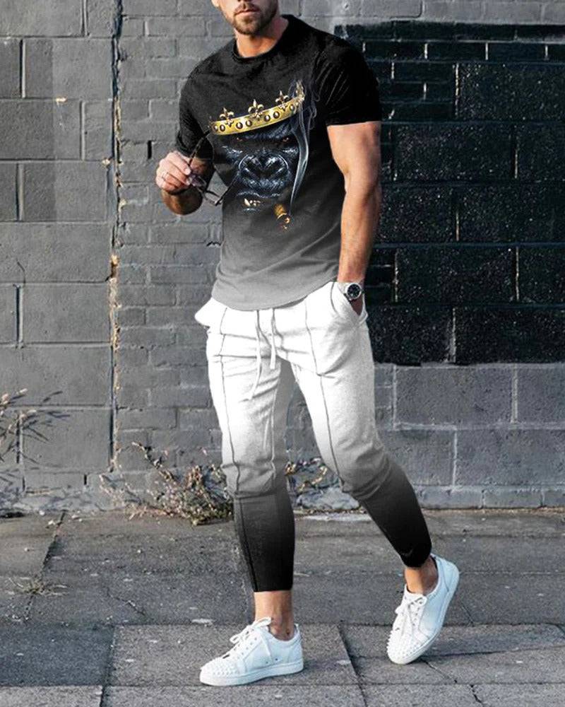 Short-sleeved men's cotton-like fashionable printed black and white pullover with matching trousers