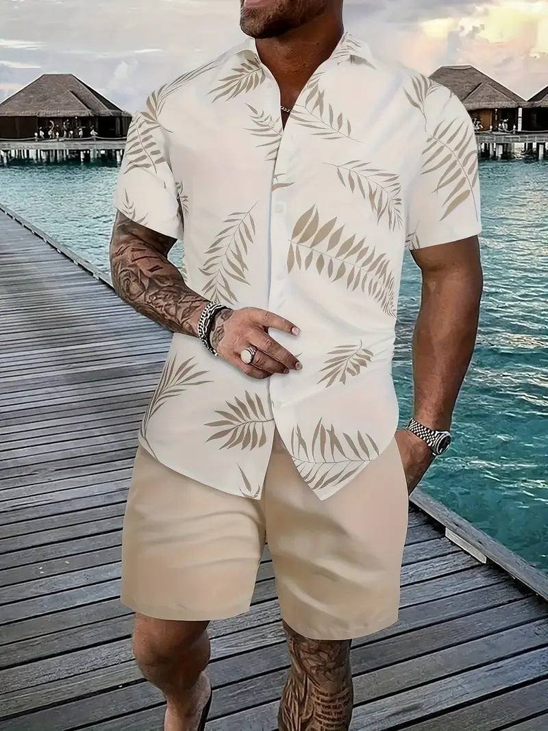 Fashion men's Hawaii 3D printed short sleeve suit with leaf pattern and matching shorts by the waterfront