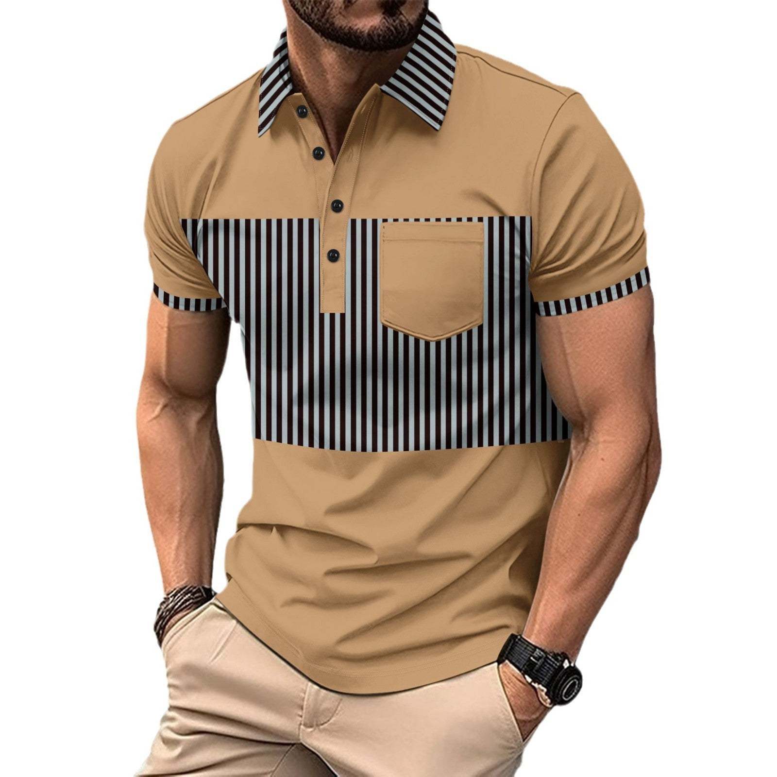 Men's casual placket polo shirt with striped color matching and short sleeves in khaki color