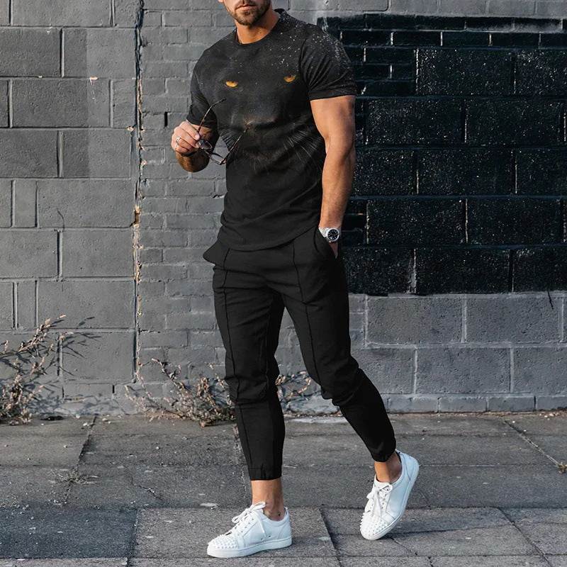 Men's short-sleeved black printed round neck pullover and trousers fashion suit