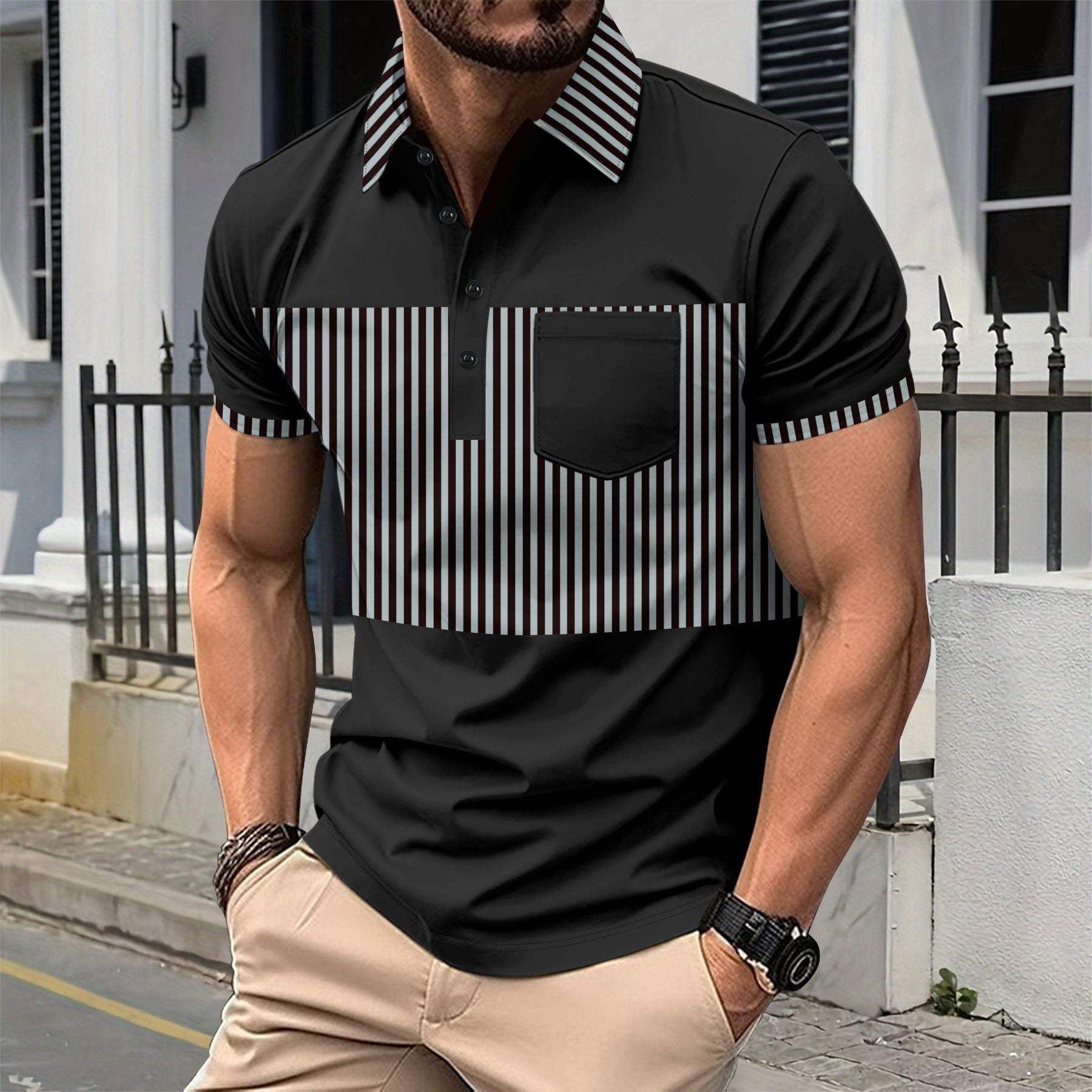 Men's casual placket polo shirt with striped color matching and pocket detail in black short sleeve cotton blend fabric