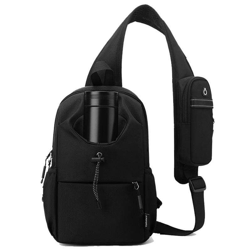 Black Oxford cloth kettle bag with waterproof, breathable, and wear-resistant features, designed for male leisure travel.