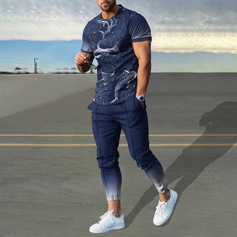 Men's short-sleeved cotton-like printed round neck pullover with matching tapered trousers sports suit
