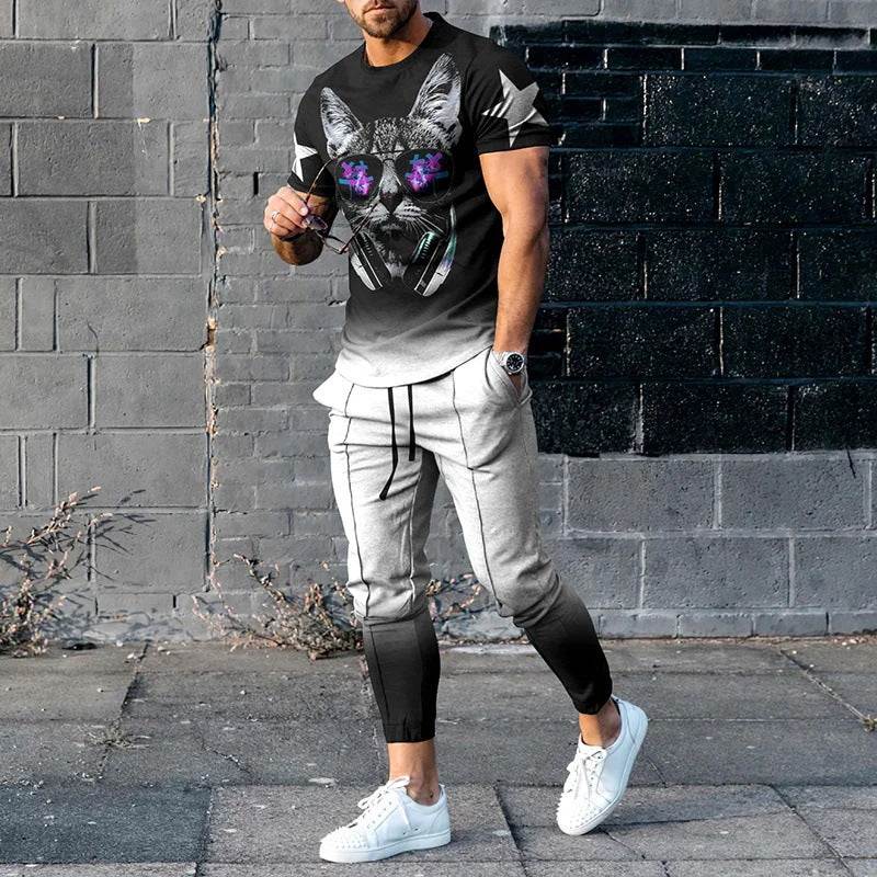 Men's short-sleeved cotton-like printed pullover and trousers sports suit in black and gray gradient design