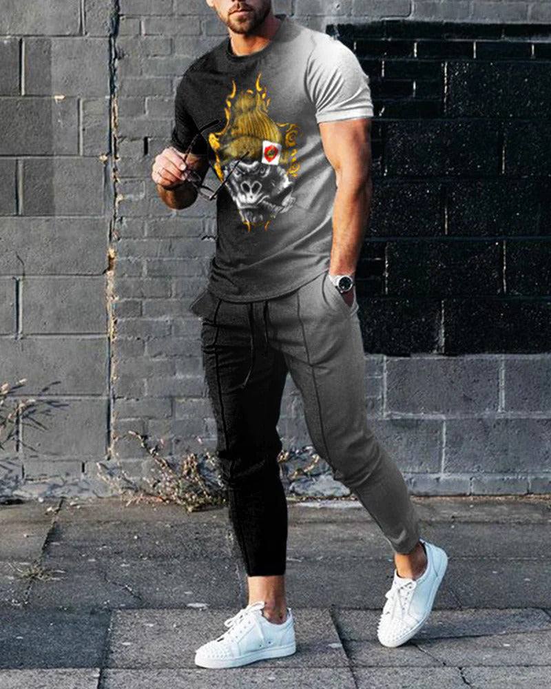 Short-sleeved men's cotton-like fashionable printed thin round neck pullover suit with trousers in black and gray.