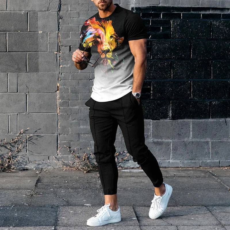 Short-sleeved men's cotton-like fashionable printed pullover with black trousers sports suit