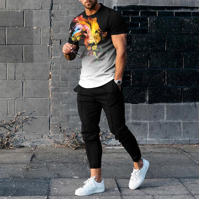 Short-sleeved Men's Cotton-like Fashionable Printed Thin Round Neck Pullover Men's Suit SMSB 66