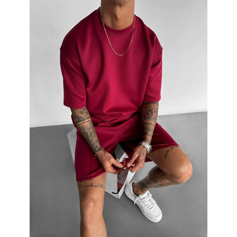 Men's summer short sleeve sports shorts suit in wine red polyester fiber fabric
