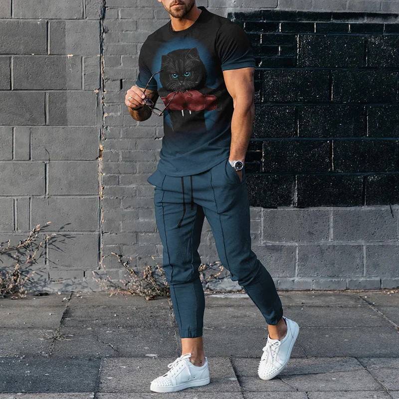 Men's short-sleeved cotton-like printed pullover and trousers set in black and blue for sportswear