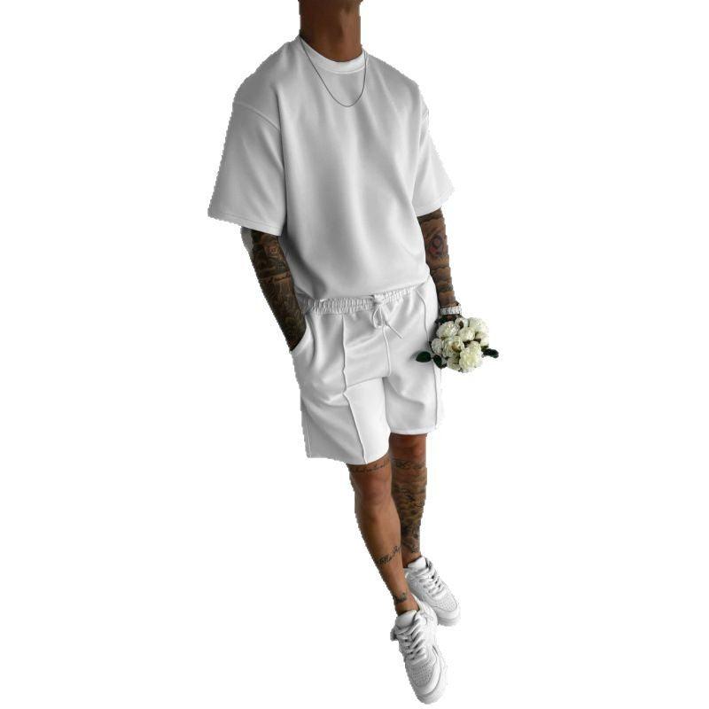 Summer men's short sleeve white shorts sports suit with polyester fiber fabric
