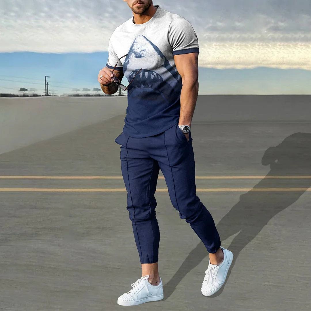 Short-sleeved men's cotton-like printed pullover with matching navy trousers sports suit