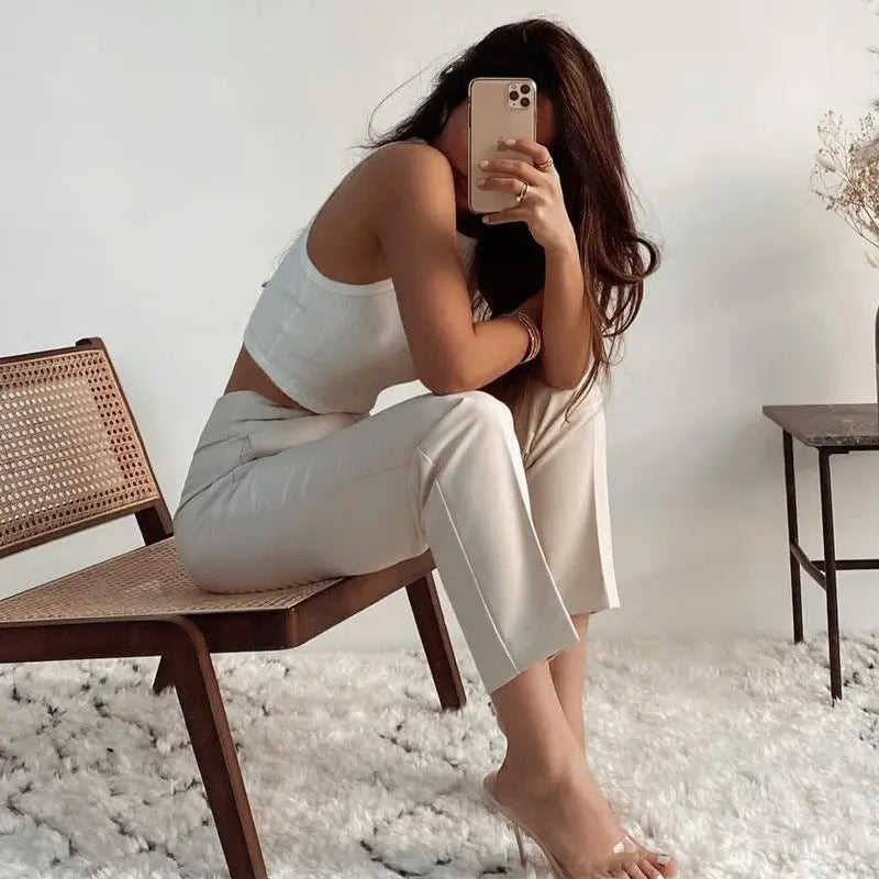 Pleated Casual High Waist Pure Color Slim-fit Basic Pants - SMSB 66