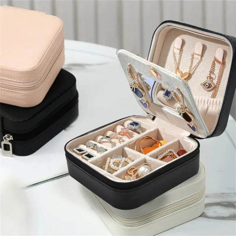 Portable Leather Jewelry Box Candy Color Travel Storage Upgrade With Mirror Earrings Rings Display Organizer Mother's Day Gift - SMSB 66