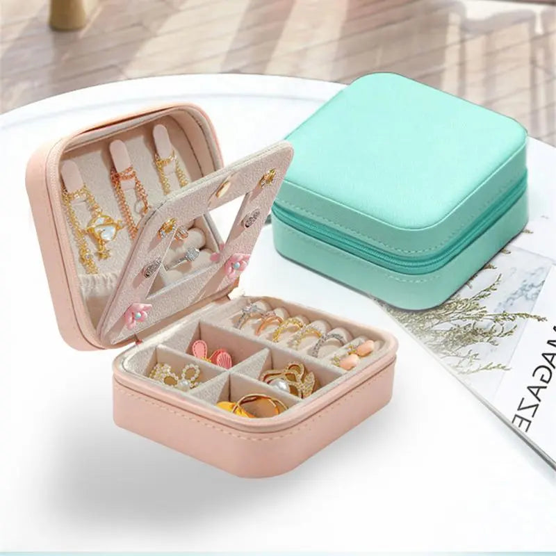 Portable Leather Jewelry Box Candy Color Travel Storage Upgrade With Mirror Earrings Rings Display Organizer Mother's Day Gift - SMSB 66