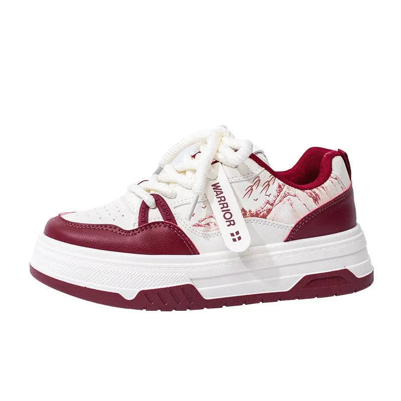 Retro red landscape printed board shoes with cross straps and thick soles eprolo