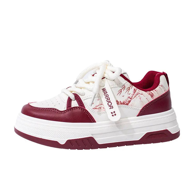 Retro red landscape printed board shoes with cross straps and thick soles eprolo